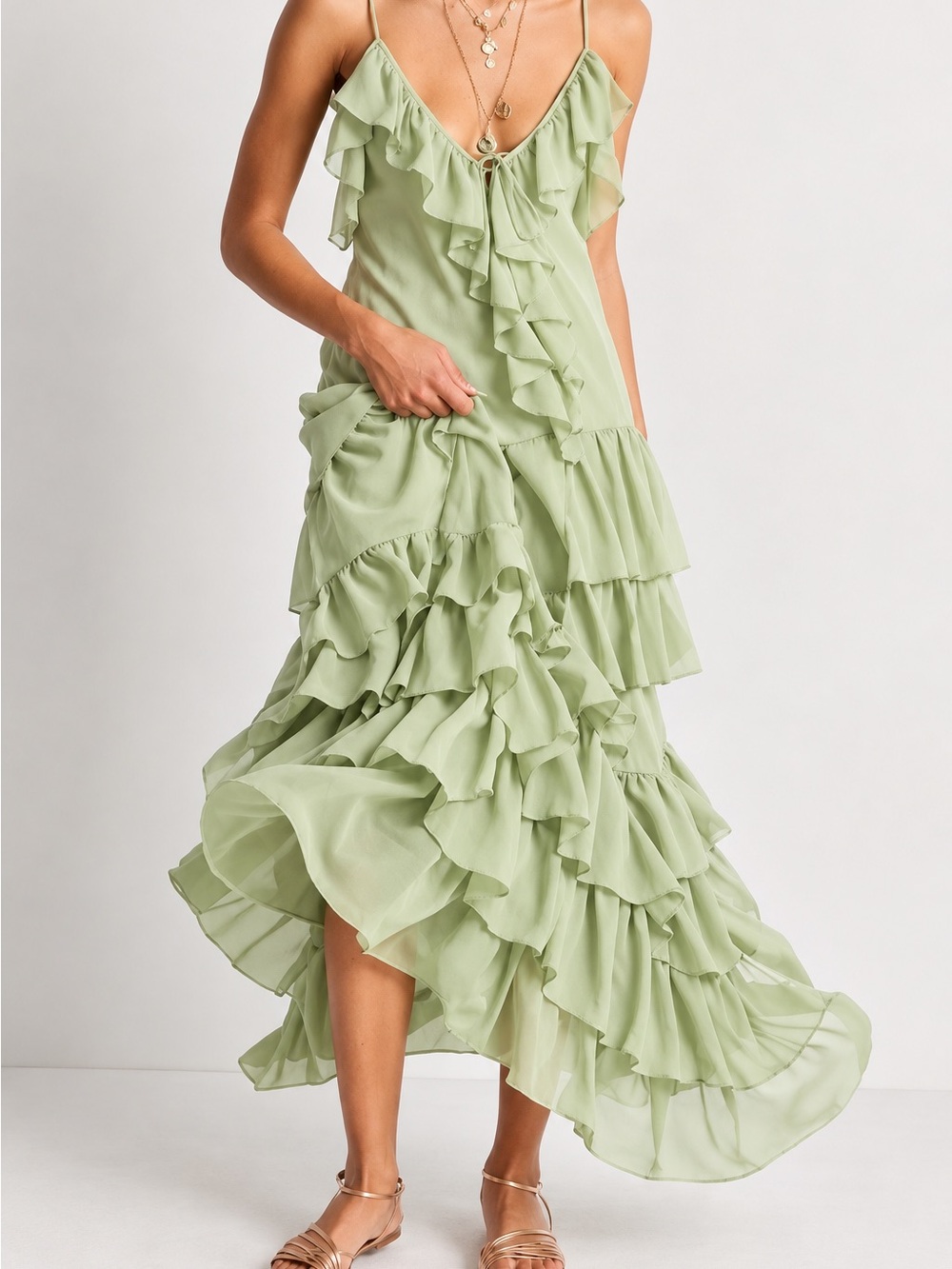NWT Torn by Ronny Kobo Orcadia Sage Ruffle Maxi Dress L